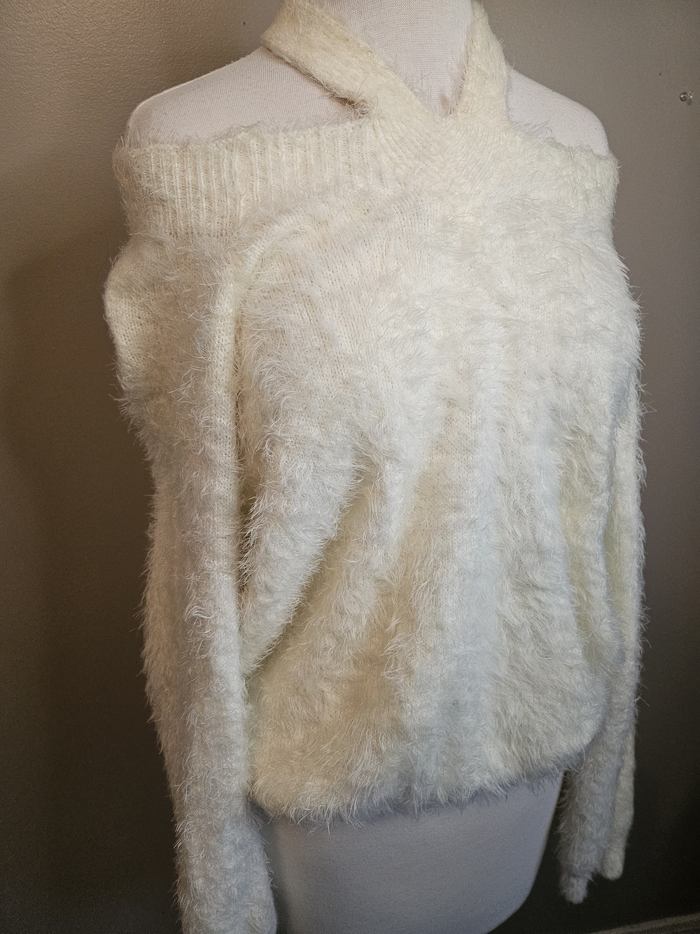 Express Soft Fuzzy Cream Off-Shoulder Sweater